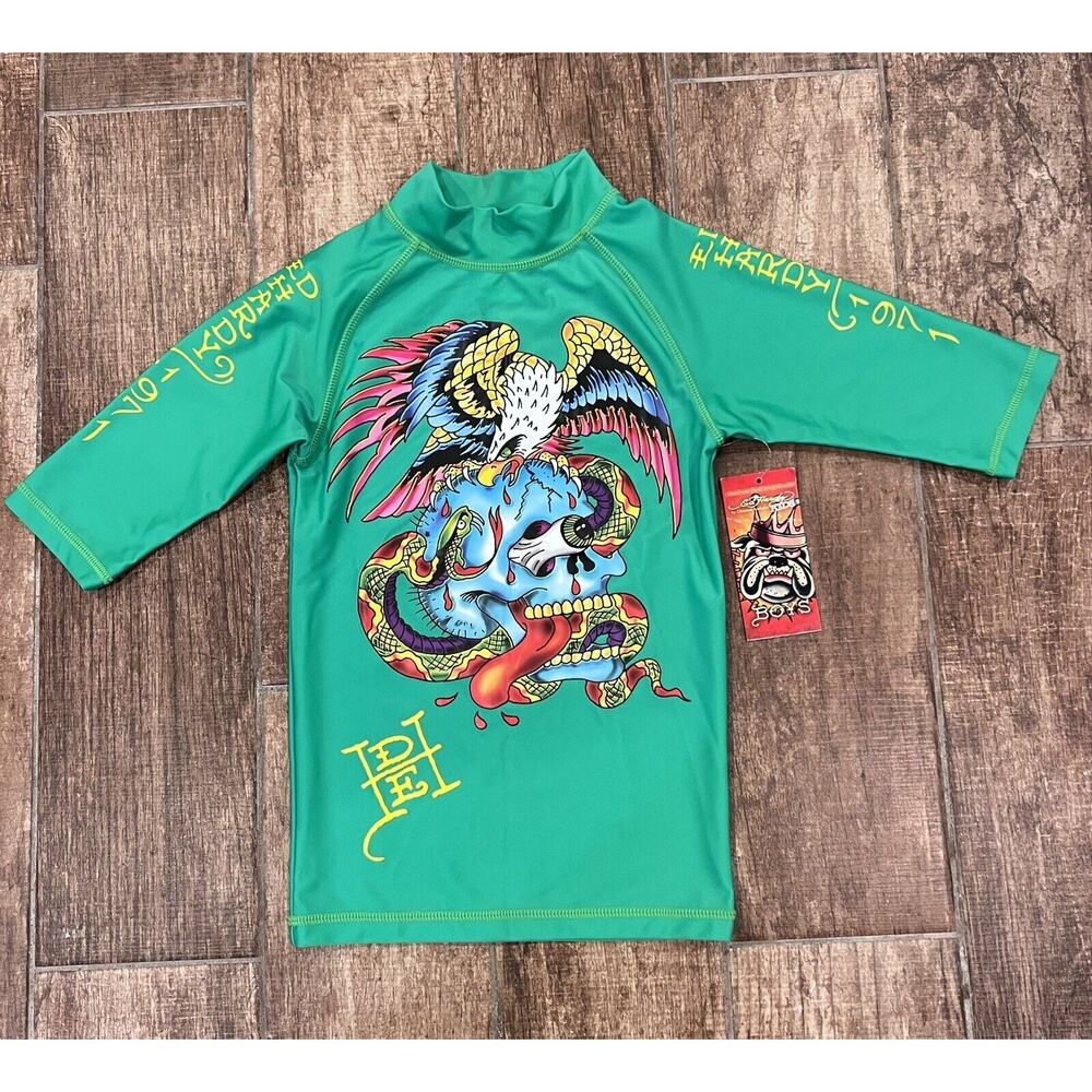 Ed Hardy by Christian Audigier Boys Swim Top Rash Guard Skull Eagle Snake Tatoo